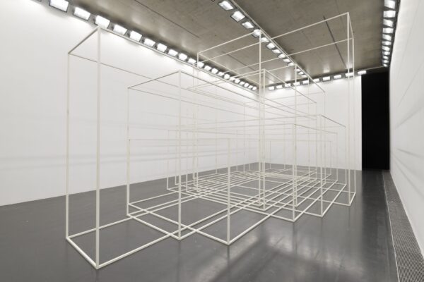 Antony Gormley, Still Moving, Long Museum, West Bund, Shanghai, China, 2017. Breathing Room IV [Rio], 2012, aluminium tube 25 × 25 mm and Phosphor H15 and plastic spigots, 480 × 540 × 1150 cm. Photo: Oak Taylor-Smith